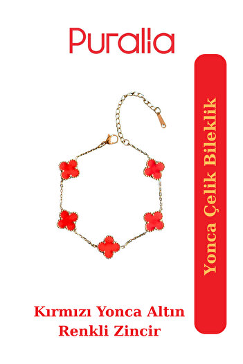 Puralia Clover Steel Bracelet - Red - Gold Color Chain
