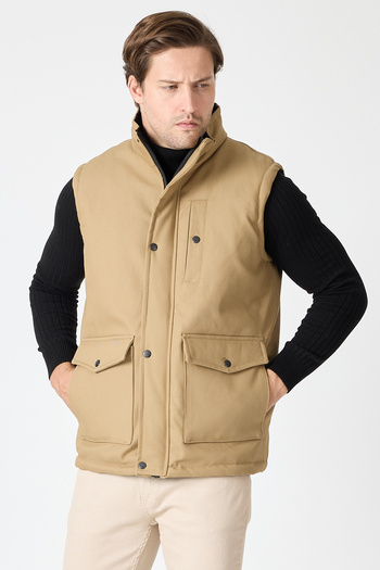 STONCS Men's Beige Stand Collar Cotton Vest