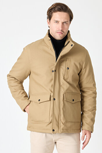 STONCS Men's Beige Stand Collar Cotton Coat