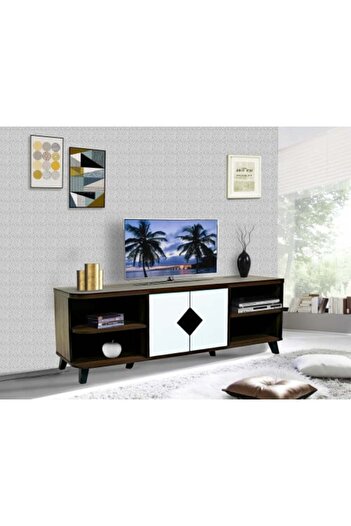 BAITY 2 TV Table, Malaysian Wood with Shelves and Drawers, 150 cm, Brown and White
