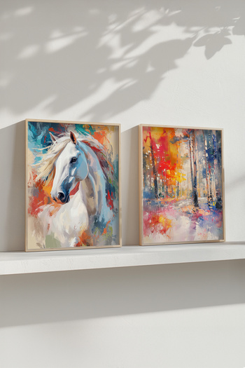STARYUNA Wooden Framed Oil Painting Effect White Horse and Autumn Forest Double Painting Set Yuna411