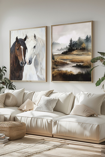 STARYUNA Oil Painting Effect Horse Painting, Wooden Framed Horse Double Painting Set Yuna409