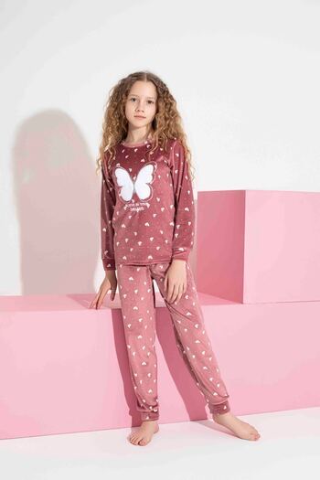 Tarık Girl Teenager and Children's Butterfly Embroidered Long Sleeve French Velvet Fabric Winter Warm Pajamas Set