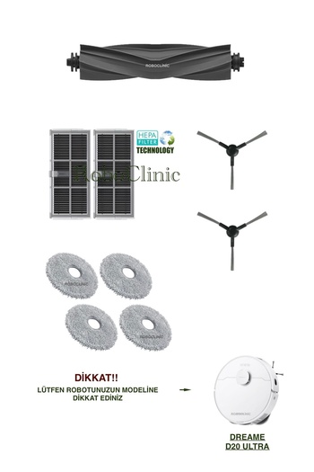 Roboclinic Ανταλλακτική βούρτσα συμβατή με Dreame D20 Ultra Robot Vacuum Cleaner, Φίλτρο Hepa, Σετ σφουγγαρίστρας-9 τεμάχια