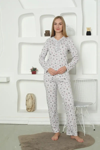 ALİMER Ada Teks Çiçek Desenli Dantel Yakalı Uzun Kollu Penye Pijama Takımı