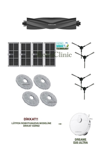 Roboclinic Ανταλλακτική βούρτσα συμβατή με Dreame D20 Ultra Robot Vacuum Cleaner, Φίλτρο Hepa, Σετ σφουγγαρίστρας-13 τεμάχια