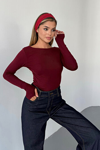 LACHT Women's Burgundy Princess Collar Modal Cotton Fabric Finger-Looped Bodysuit