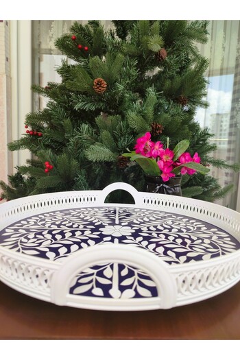 Madame Coco Delit 38 cm Round Knitted Tray - Navy Blue - White - 1 Piece