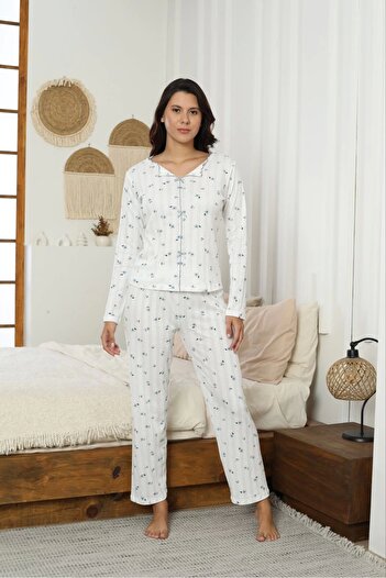 Pijamoni Women's Ribana Fabric White Patterned Pajama Set - 9600