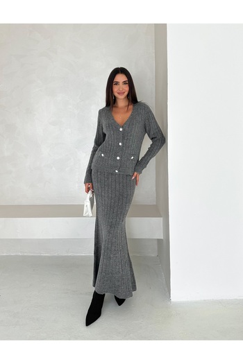 Brantu Long Sleeve Button Detailed Women's Knitwear Long Skirt Set