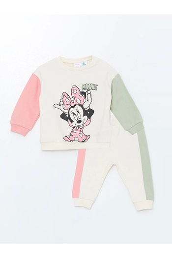 LC Waikiki Lcw Baby Ecru Crew Neck Printed Baby Girl Sweatshirt and Leggings 2-Piece Set