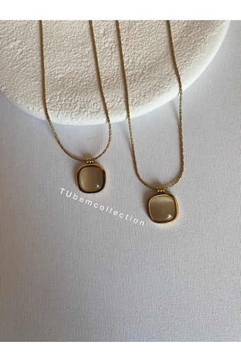 COLLECTİON Gold Zincir Üzeri Krem Taşlı Minimal Kolye