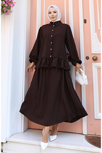 sefamerve Ruffled Tunic Skirt Two-Piece Set 0146-03 Brown