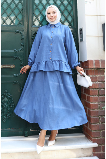 sefamerve Ruffled Tunic Skirt Two-Piece Set 0146-04 Indigo
