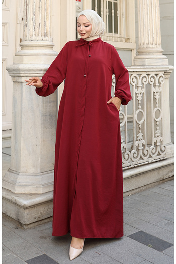 sefamerve Zippered Ferace with Elasticated Sleeves 0140-01 Claret Red