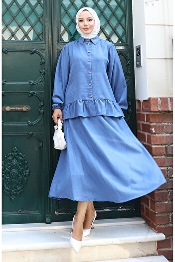 sefamerve Ruffled Tunic Skirt Two-Piece Set 0146-04 Indigo