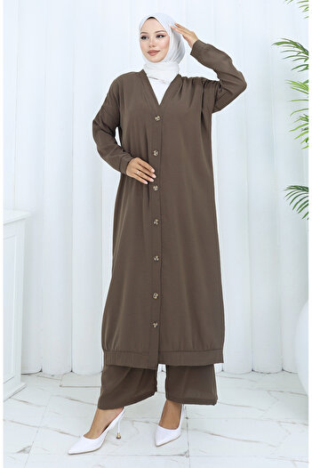 sefamerve Buttoned Cardigan and Trousers Two-Piece Set 0138-05 Brown
