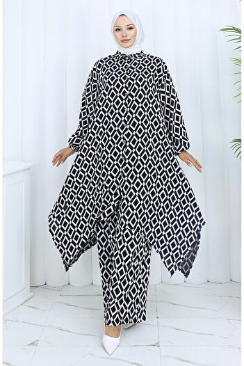 sefamerve Viscose Fabric Tunic Trousers Double Set 2144-01 Black White