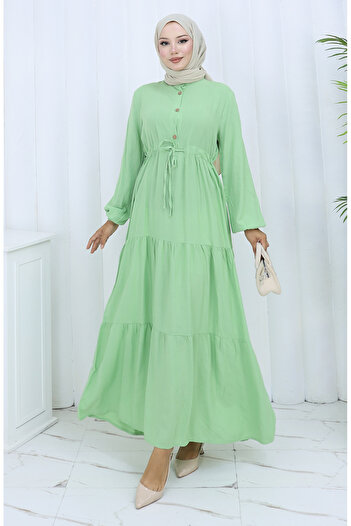 sefamerve Viscose Fabric Half Button Dress 0085-11 Water Green