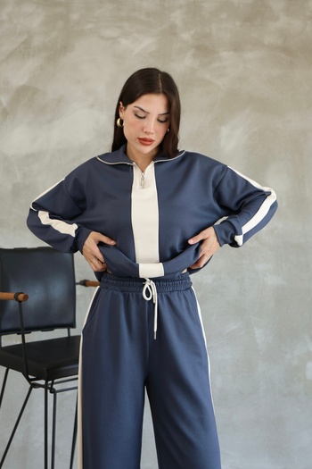 02Lady Fashion Garnili Stripe Detailed Zippered Modal Fabric Tracksuit Set