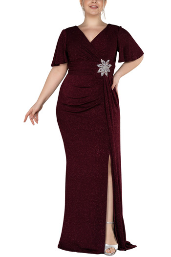 Arden Plus Size Long Evening Dress, Glitter Stone Detail, V-Neck Short Sleeve, Draped Dress, Wedding Mother Evening Dress, 44-58