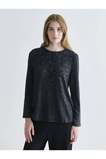 LC Waikiki Lcw Grace Gray Crew Neck Sequin Embroidered Women's Knitwear Sweater
