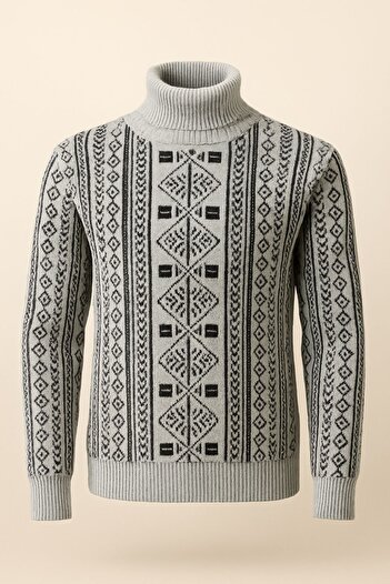 Livio Ferri Moba Patterned Gray High-Necked Thick Sweater Men's Winter Knitwear