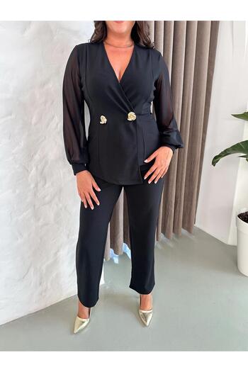 Butik Nilyam Women's Plus Size Double Breasted Lapel Chiffon Sleeve Double Brooch Detail Stretchy Blouse Pants Set 24927