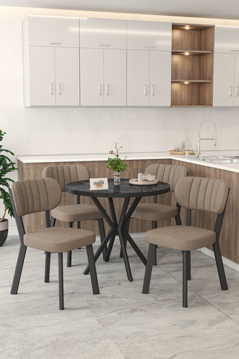 Mygusi Gnr 90cm Sabit Siyah Mutfak Masası Takımı, Yemek Masası, 4 Modern Cappucino Sandalye