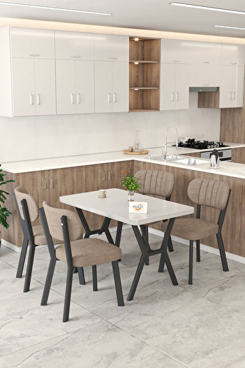 Mygusi Gnr 70x110cm Sabit Beyaz Mutfak Masası Takımı, Yemek Masası, 4 Modern Cappucino Sandalye