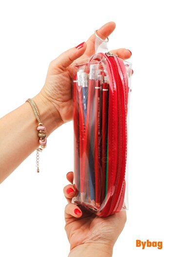 BYBAG Red Zippered Quality Pvc Transparent Pen Holder Makeup Bag Pencil Case