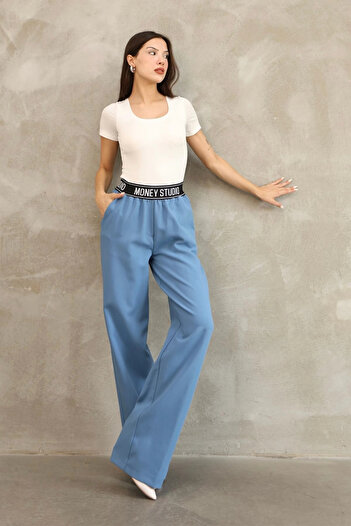 lodmela Elastic Waist Palazzo Pants 6138-Blue