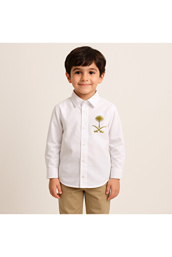 HAWRAA White T-shirt with a golden logo of two swords, a palm tree, and Saudi Arabia on the back (for boys and girls)