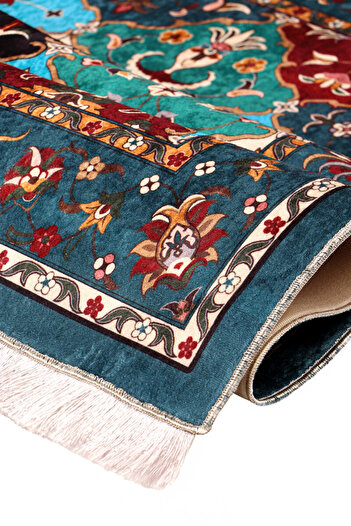 Bursa İpek Petrol Blue Sponge Velvet Prayer Rug