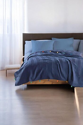 pistore Navy Blue Color Pompom Detailed Dream Pike Double Size 200X220Cm