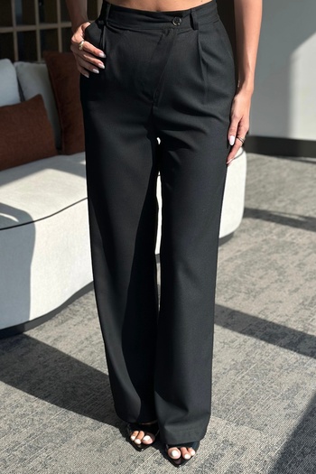 Laluvia Black Fabric Trousers with Cross Button Detail on the Front - 3442