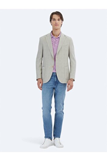 Kip Light Khaki Patterned Modern Fit Linen Blend Jacket