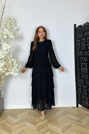 gesmoda G1535 Chiffon Dress with Tiered Skirt and Sleeve Detail Black