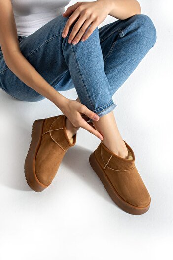 Firibu Mini Tan Suede Thick Sole Women's Boots with Fur Inside on Sale