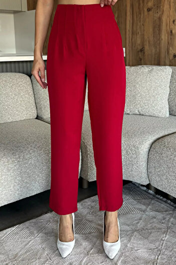 julude Burgundy Bel Çimalı Fabric Trousers