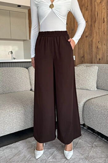 julude Brown Women's Wide Leg Elastic Waist Fabric Trousers
