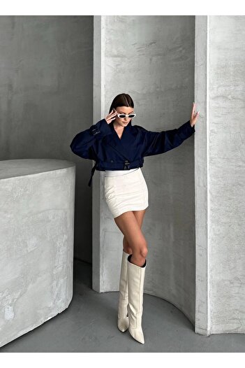 mylunessa Navy Blue Crop Seasonal Lined Trench Coat