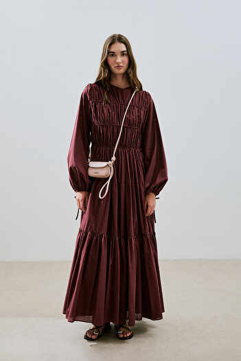 Manuka Ruched Long Sleeve Dress Burgundy