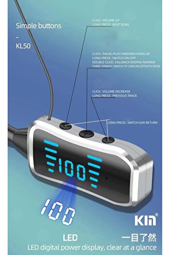 Generic KL50 Bluetooth Neckband Earphones, 48 Hours Playtime, LED Display, TF Card Support