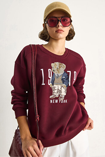 Bianco Lucci Women's Crew Neck Teddy Embroidery Detailed Sweat 60284066