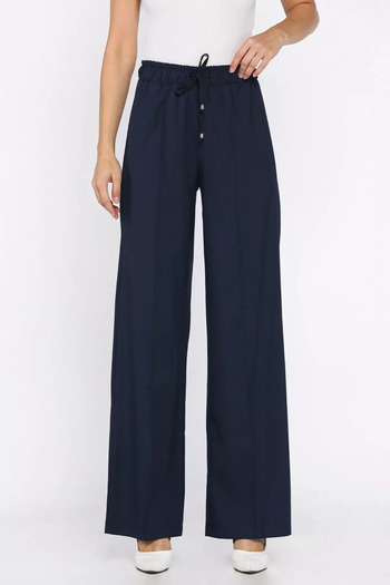 julude Navy Blue Women's High Waist Palazzo Pants with Elastic Waistband