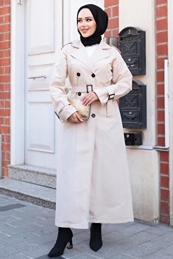 N.S NEVA STYLE Beige Hijab Trench Coat with Buckle Belt 26413Bej