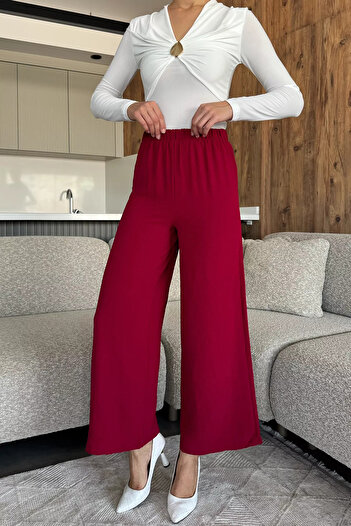 julude Burgundy Women's Elastic Waist Loose Fit Trousers