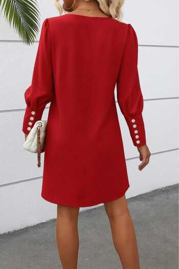 JANES Women's Mini Crepe Dress with Button Detail on the Sleeve and V-Neck