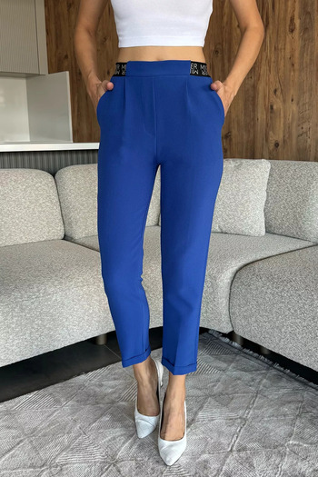 julude Sax Blue Slim Fit Fabric Trousers with Elastic Waist and Text Detail